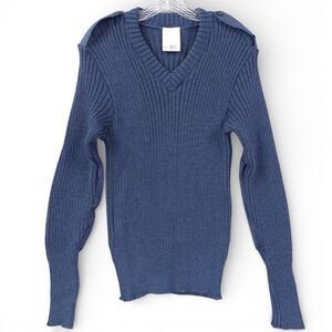 Vintage Military Wool V-Neck Sweater 42 Blue Elbow Patches USAF Issue